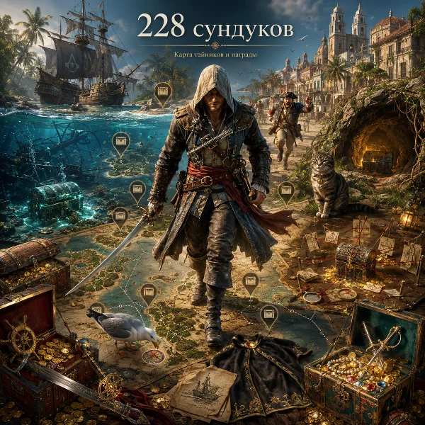 Обложка Все сундуки в Assassin's Creed Black Flag Resynced: карта локаций 228 тайников и их награды