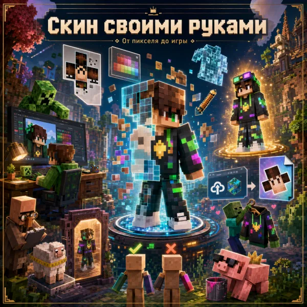 Обложка Как сделать скин в Minecraft: полный гайд — создание, рисование и установка в Java и Bedrock