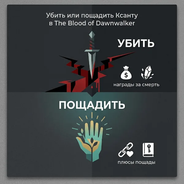 Обложка Убить или пощадить Ксанту в The Blood of Dawnwalker: награды за смерть и плюсы пощады