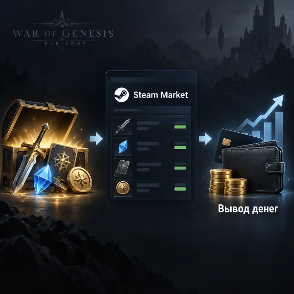 Обложка Торговля в War of Genesis: Idle Loot: продажа дропа через Steam Market и вывод денег