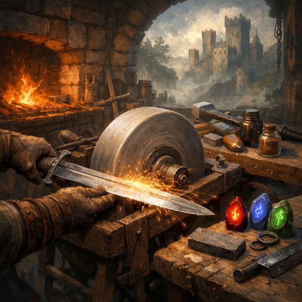 Обложка Заточка оружия в Of Ash and Steel - полный гайд по точильному кругу, мини-игре и бонусам урона
