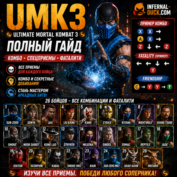 Обложка Полный гайд по персонажам Ultimate Mortal Kombat 3: все спецприемы и добивания
