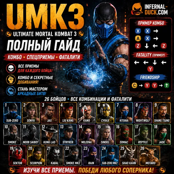 Обложка Полный гайд по персонажам Ultimate Mortal Kombat 3: все спецприемы и добивания