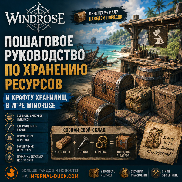 Обложка Windrose: как сделать склад, сундуки и расширить инвентарь — полный гайд
