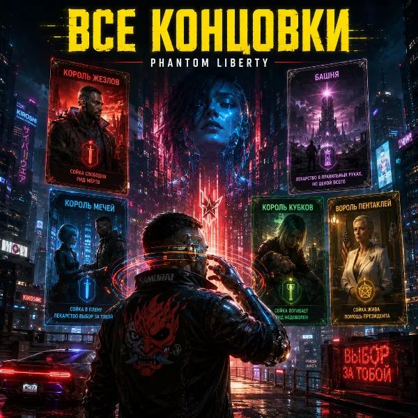 Обложка Все концовки Cyberpunk 2077: Phantom Liberty: как получить «Короля жезлов», «Короля мечей» и другие финалы