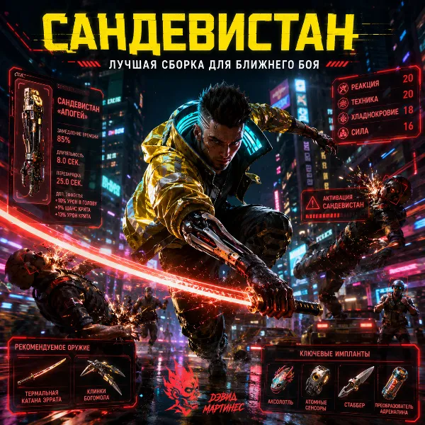 Обложка Гайд по Сандевистану в Cyberpunk 2077: где купить, лучший имплант и билд Дэвида Мартинеса
