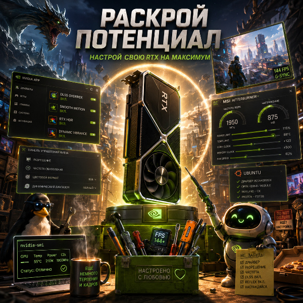 Обложка Настройка NVIDIA RTX в 2026: драйверы Windows и Ubuntu, DLSS, Frame Generation, андервольтинг