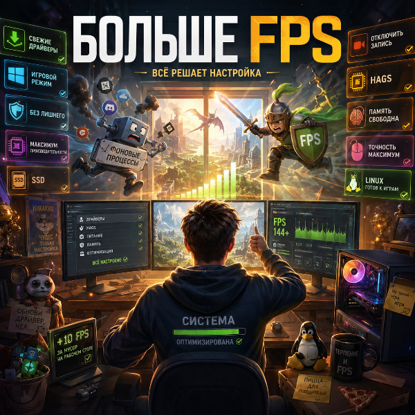 Обложка Как повысить FPS в играх в 2026 году: настройка Windows 11, Windows 10 и Ubuntu