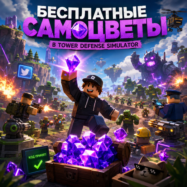 Обложка Актуальные промокоды Roblox Tower Defense Simulator (июнь 2026): список рабочих кодов на самоцветы