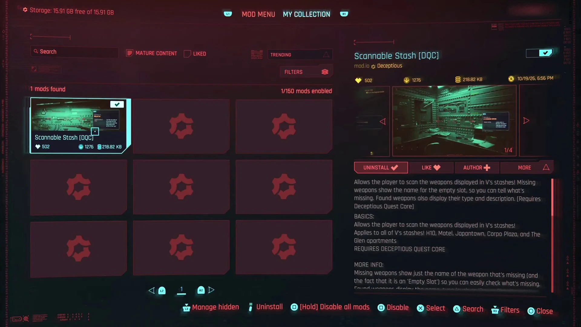 Каталог mod.io в версии Cyberpunk 2077 для ПК