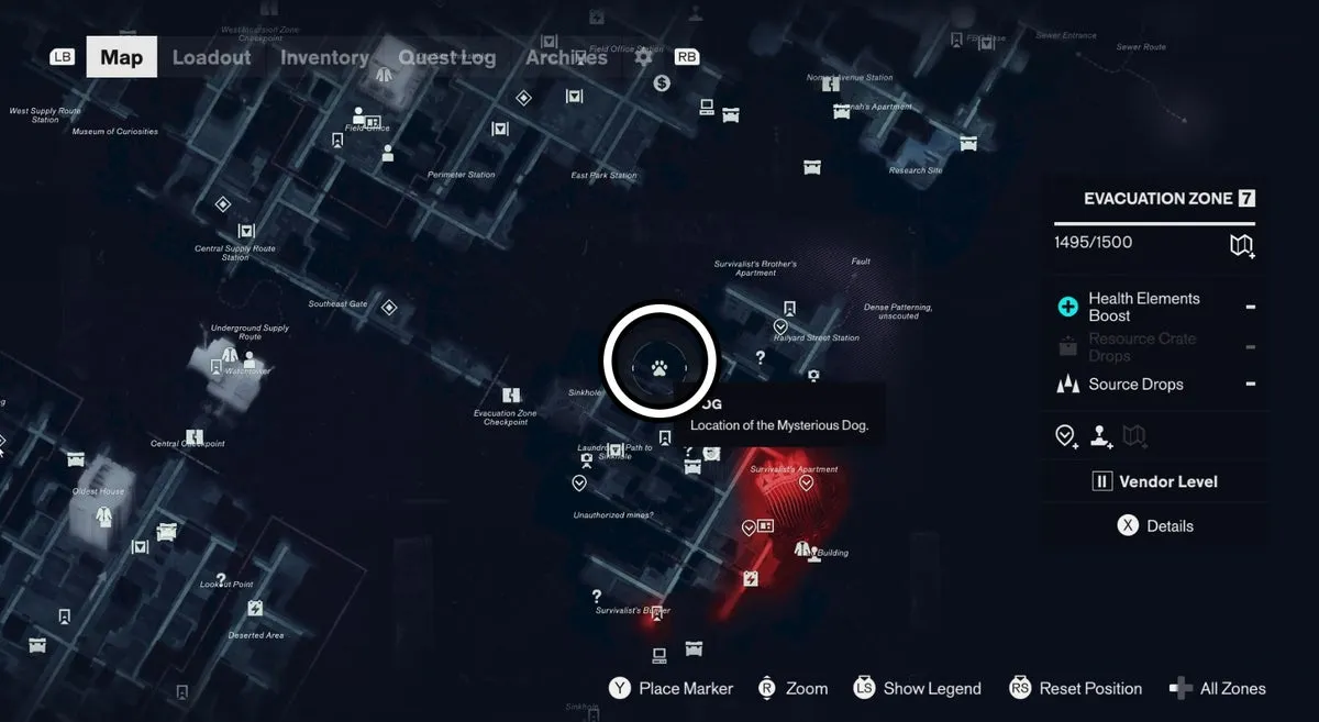 Местоположение собаки в Evacuation Zone, отмеченное на карте, в Control Resonant
