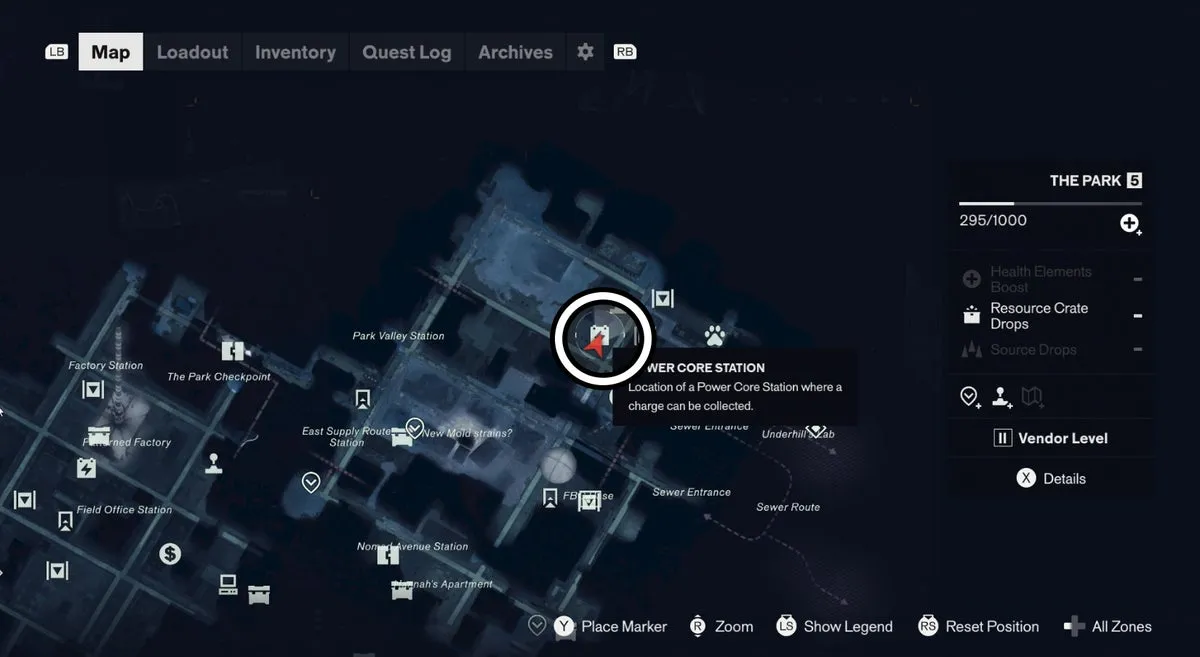 Местоположение станции энергоядер в The Park, отмеченное на карте, в Control Resonant
