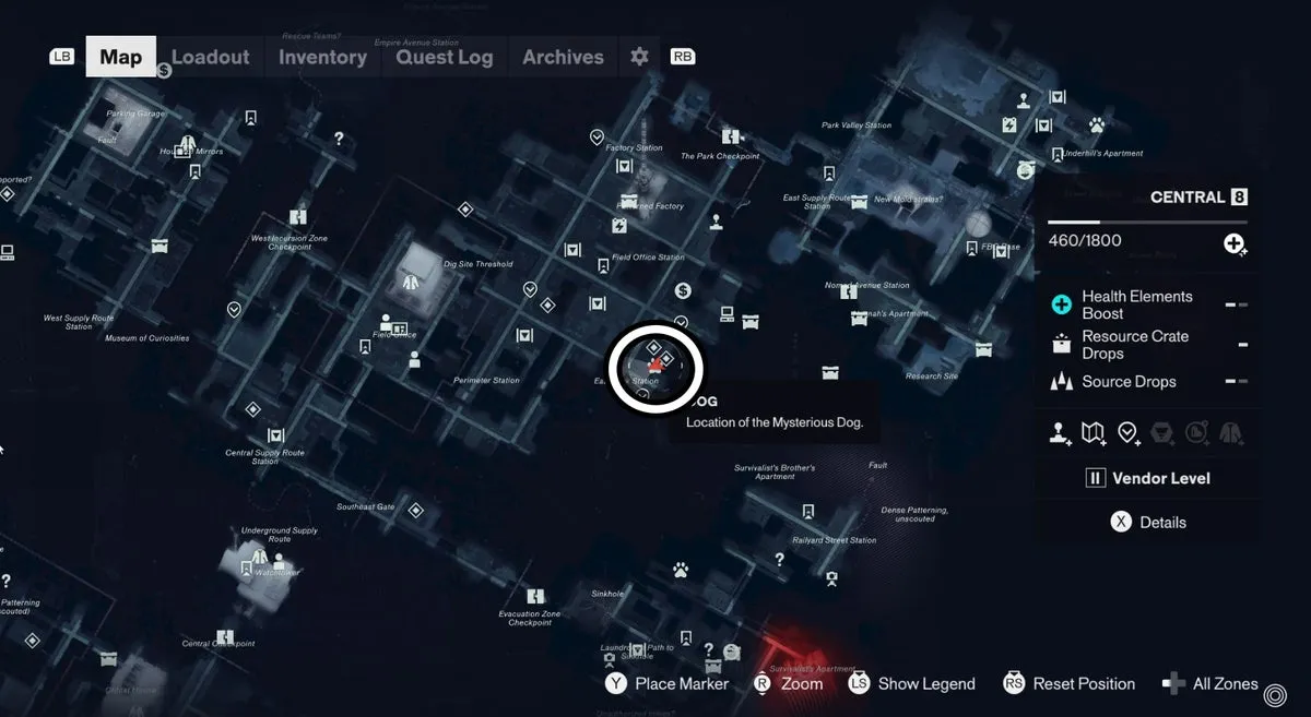 Местоположение собаки в Central, отмеченное на карте, в Control Resonant