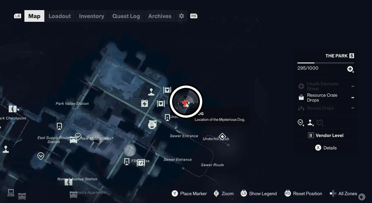 Местоположение собаки в The Park, отмеченное на карте, в Control Resonant
