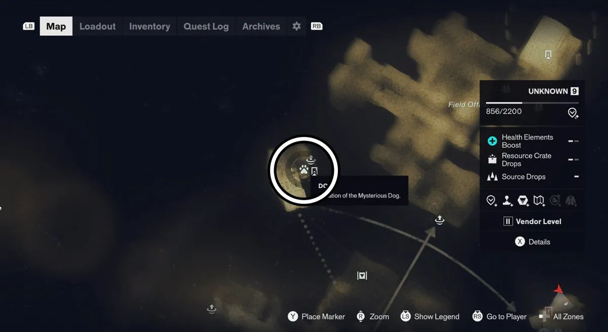 Местоположение собаки в Unknown, отмеченное на карте, в Control Resonant