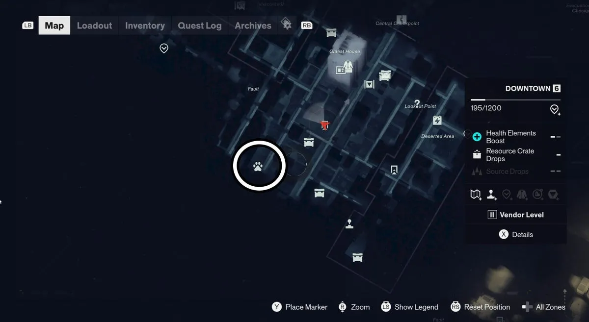 Местоположение собаки в Downtown, отмеченное на карте, в Control Resonant