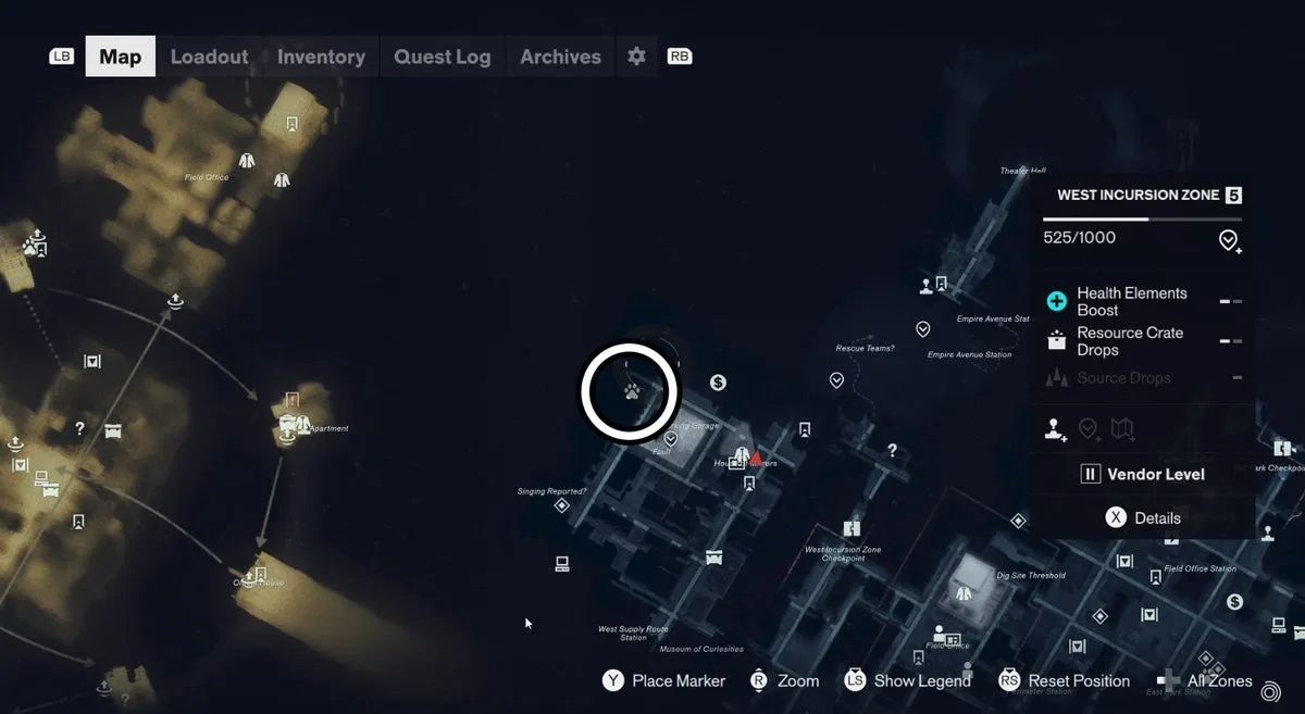 Местоположение собаки в West Incursion Zone, отмеченное на карте, в Control Resonant