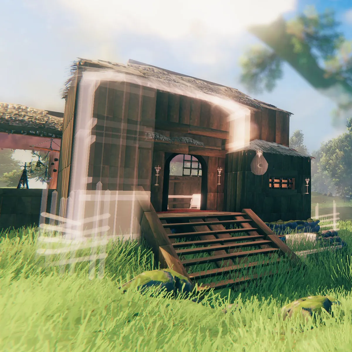 Мод для Valheim: превью PlanBuild с недостроенным домом в виде полупрозрачного 3D-чертежа