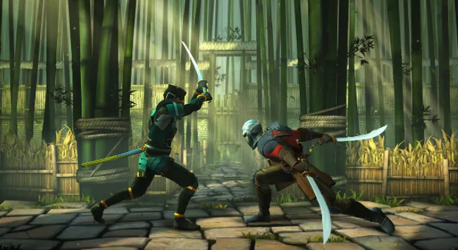 Боевая сцена из Shadow Fight 3 с использованием оружия