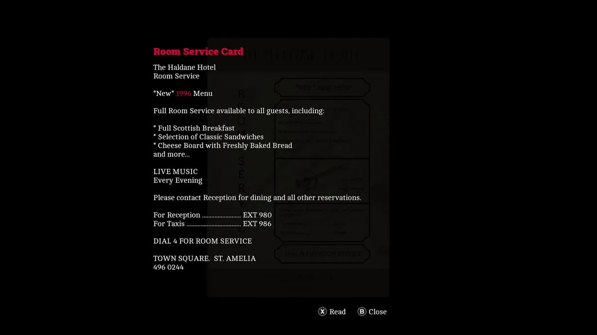 Меню отеля «Халдейн» 1996 года в Silent Hill: Townfall