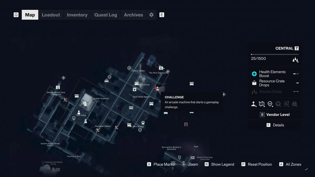 Карта с отметкой аркадного автомата SHÜM в Control Resonant