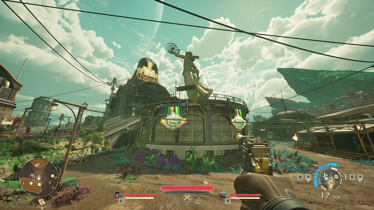 Здание ратуши Фэрфилда с голограммой на крыше в The Outer Worlds 2