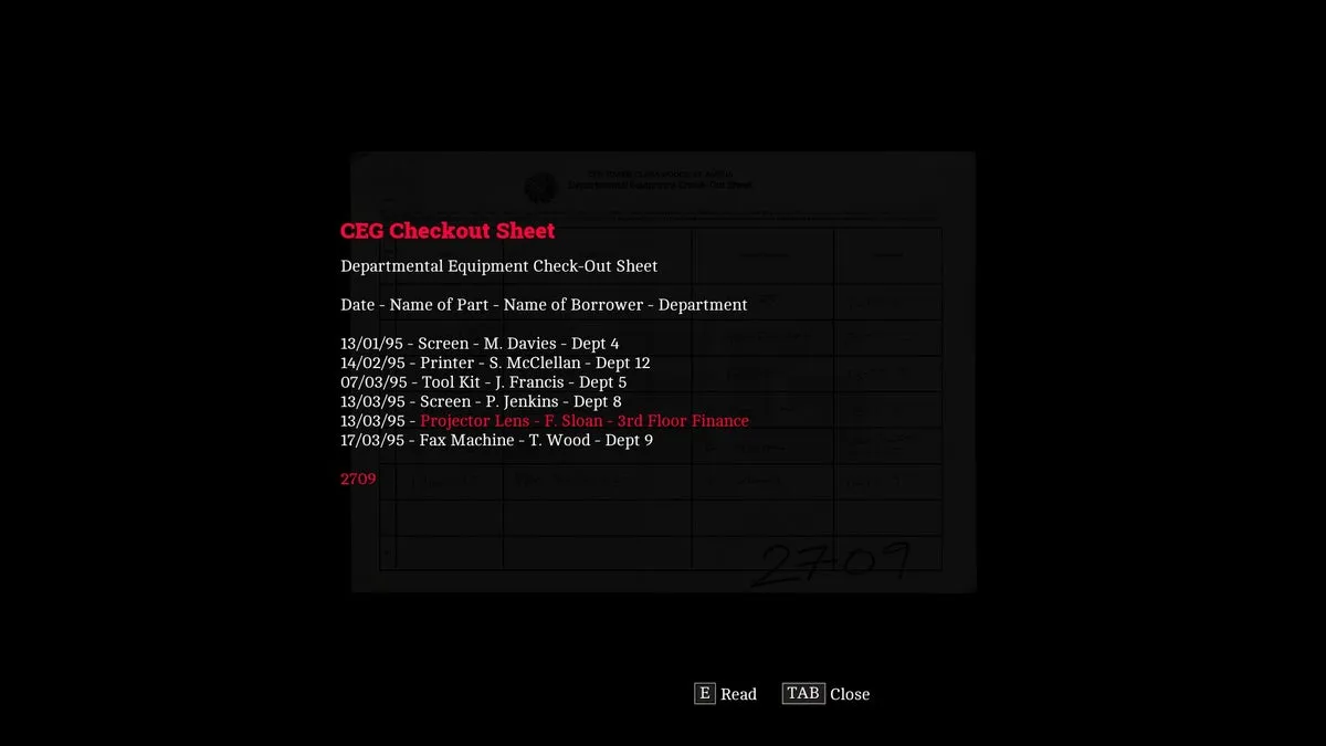 Ведомость выдачи CEG Checkout Sheet в Silent Hill Townfall