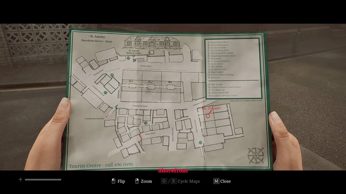 Зои изучает карту набережной Сент-Амелии в Silent Hill: Townfall