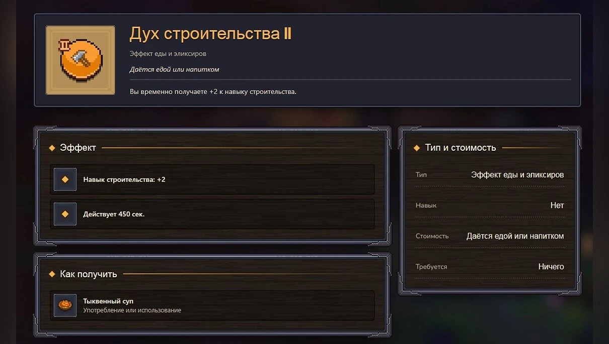 Инструмент на поясе и еда, временно повышающие навык