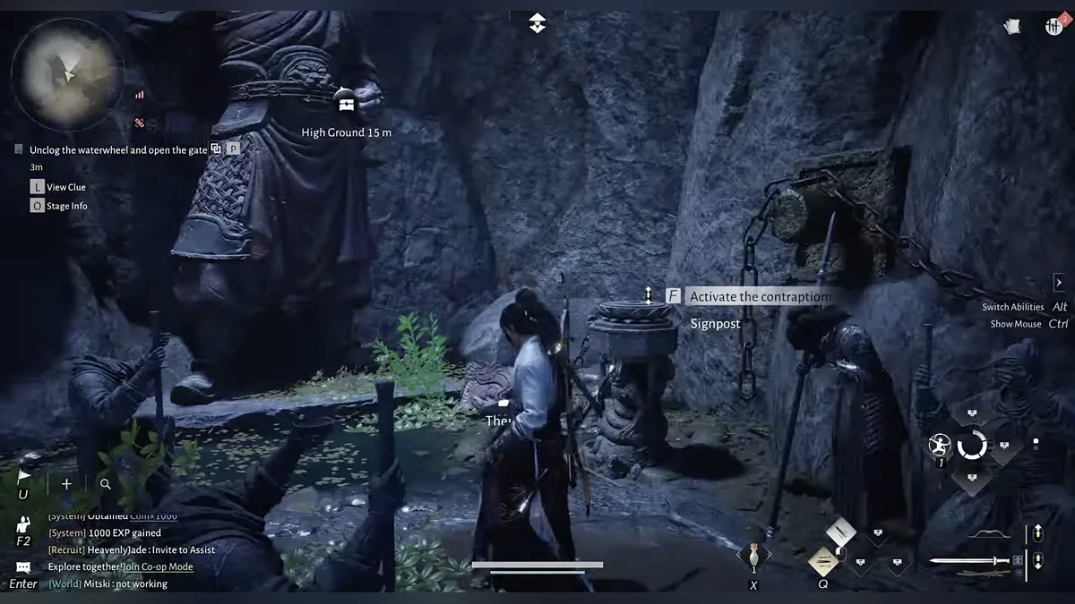 Статуя и механизм за водопадом в подземелье