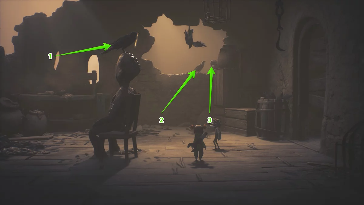 Три ворона в комнате на втором этаже Некрополя — один на статуе, два в верхнем правом углу