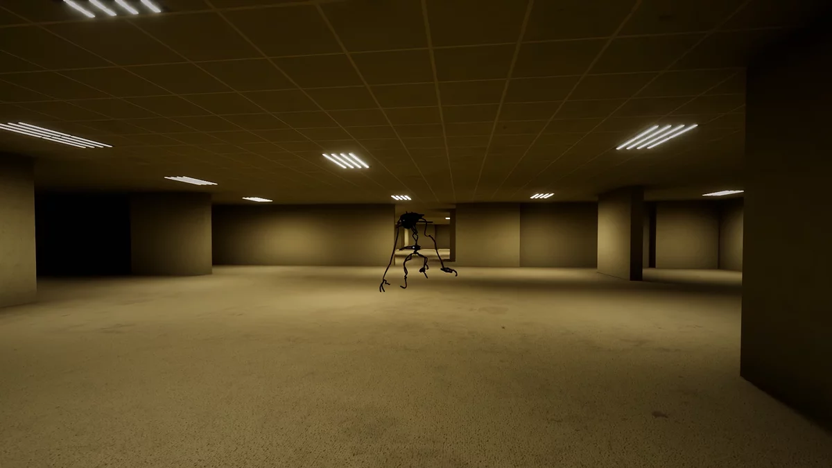 Желтые коридоры уровня 0 в Escape the Backrooms с люминесцентными лампами