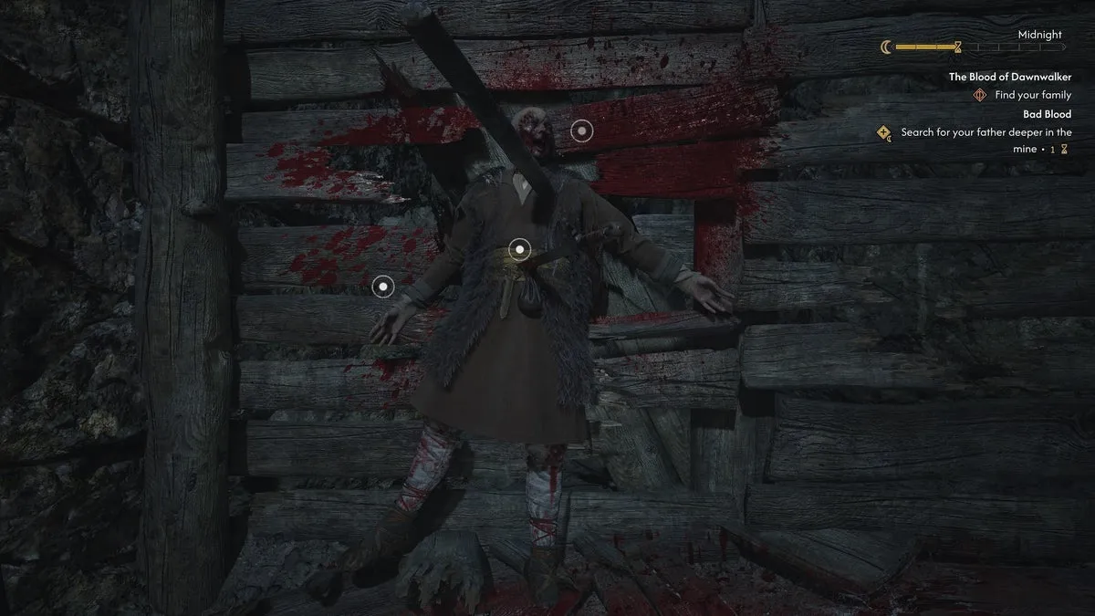 Коэн осматривает труп, пронзённый и вбитый в стену, в The Blood of Dawnwalker
