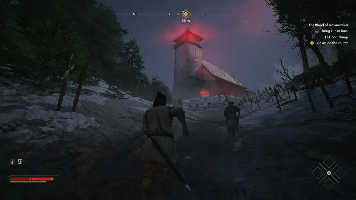 Коэн вместе с Лункой подходит к церкви в The Blood of Dawnwalker