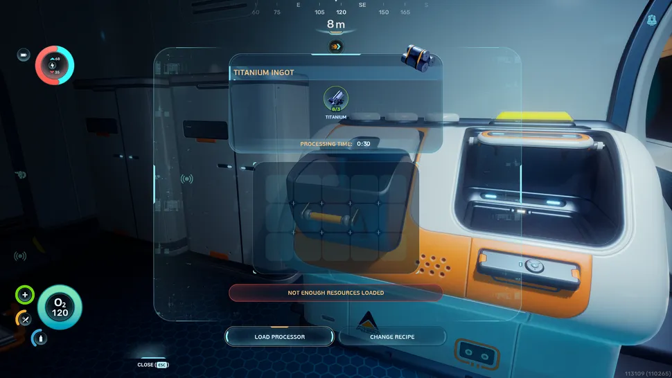 Интерфейс крафта титанового слитка в «Процессоре» Subnautica 2