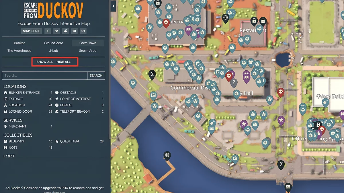 Кнопки управления фильтрами карты — Скрыть всё и Показать всё