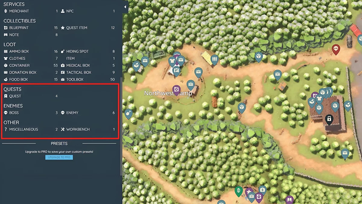 Дополнительные значки на карте — квесты, боссы, враги и верстаки