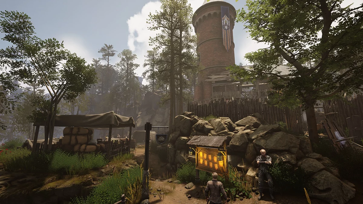 Интерьер трактира в населённом пункте с NPC и доской объявлений