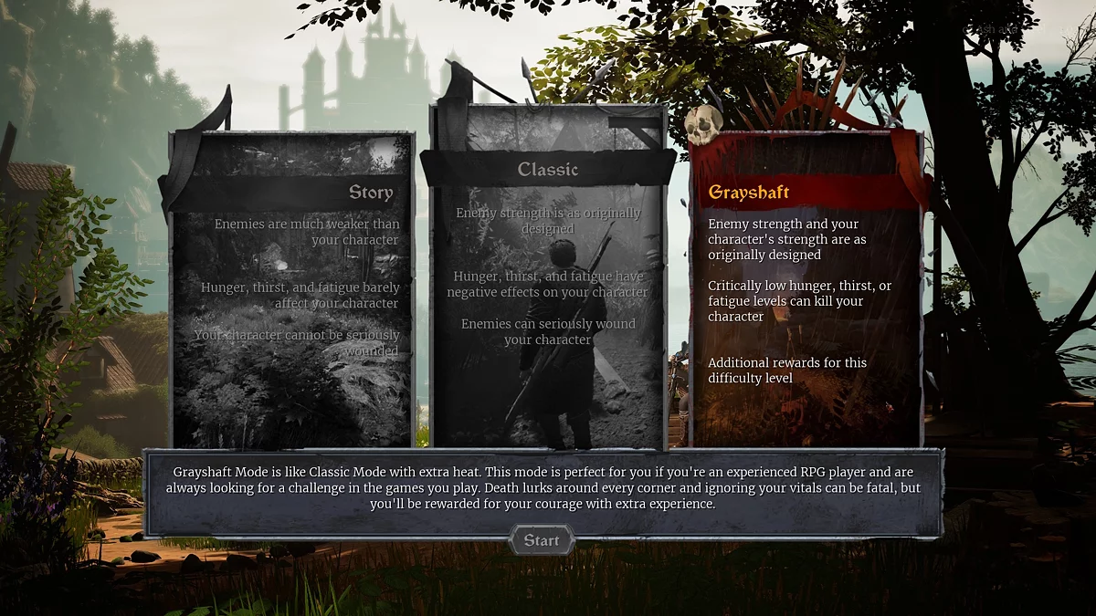 Экран выбора сложности в Of Ash and Steel с тремя режимами игры