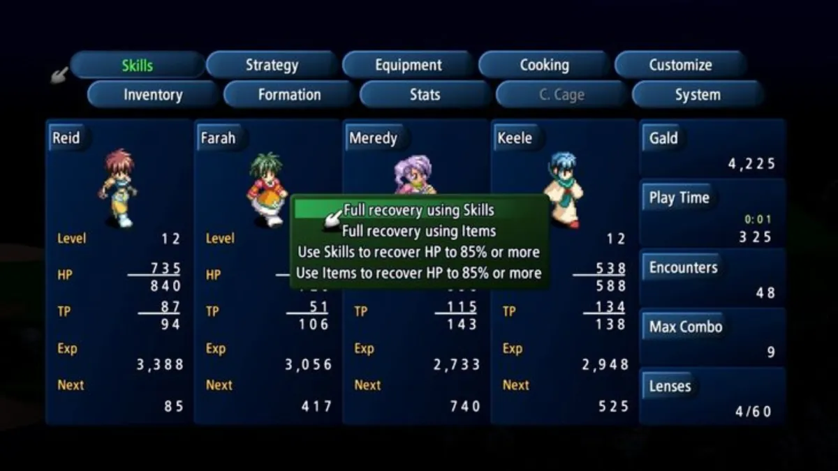 Меню управления персонажами в Tales of Eternia Remastered