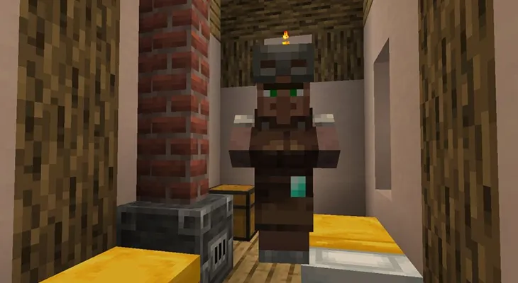 Житель-бронник у плавильной печи в Minecraft