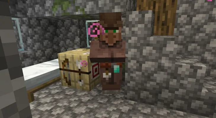 Житель-лучник у стола лучника в Minecraft