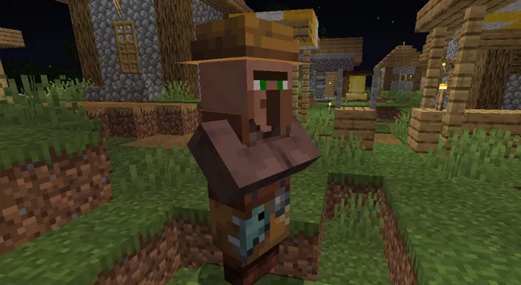 Житель-рыбак у бочки в Minecraft