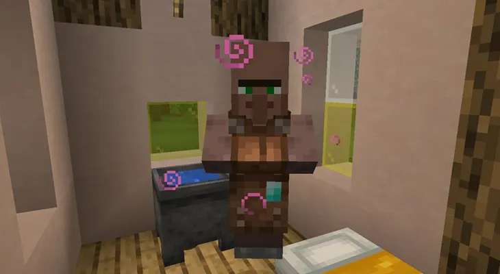Житель-кожевник у котла в Minecraft