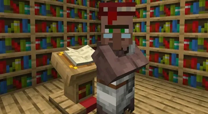Житель-библиотекарь у кафедры в Minecraft