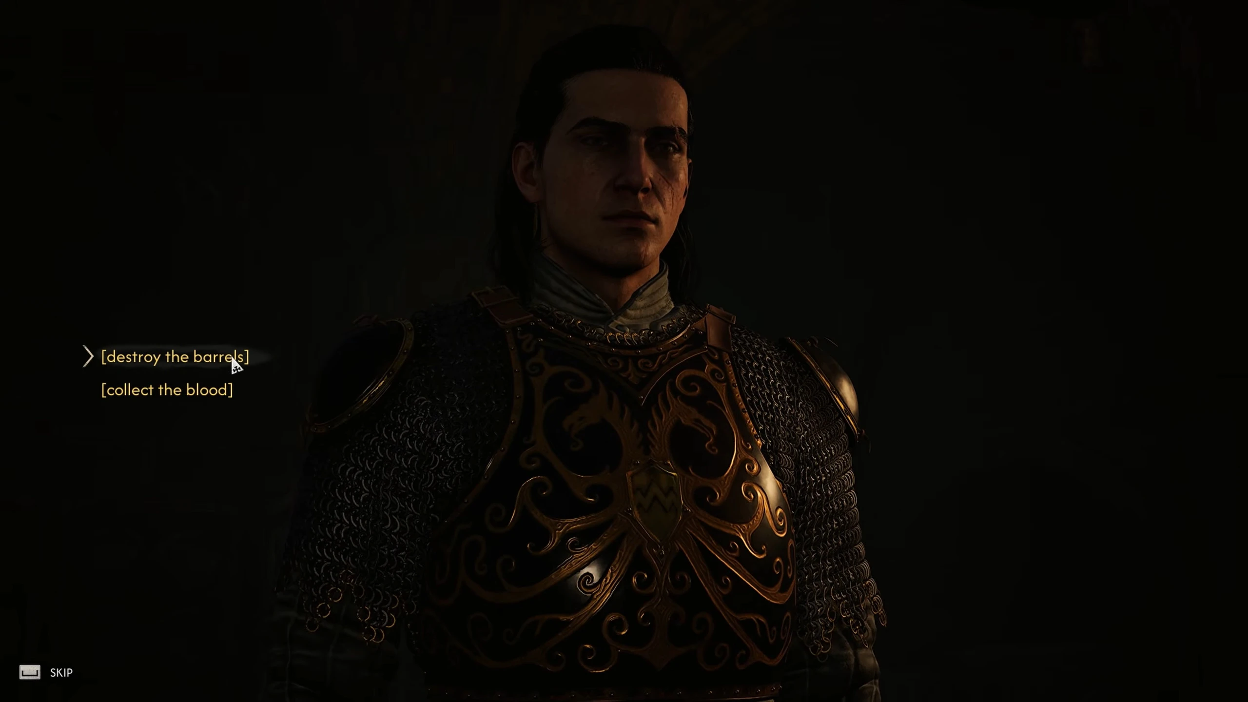 Экран выбора: собрать кровь или уничтожить бочки в The Blood of Dawnwalker