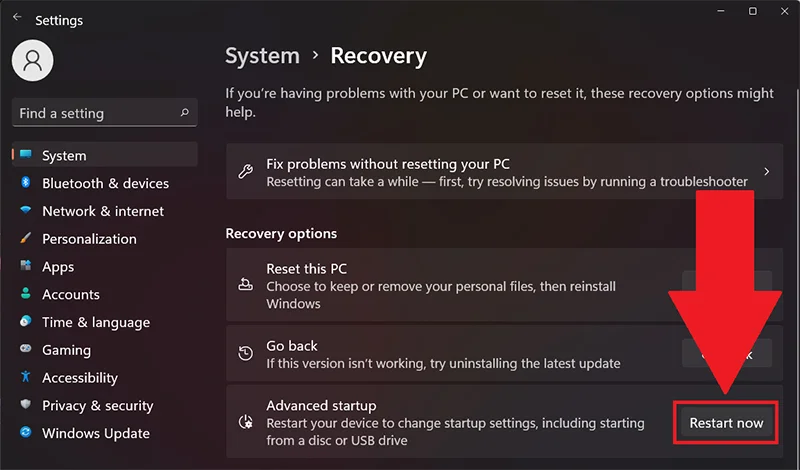 Переход к параметрам встроенного ПО UEFI через среду восстановления Windows