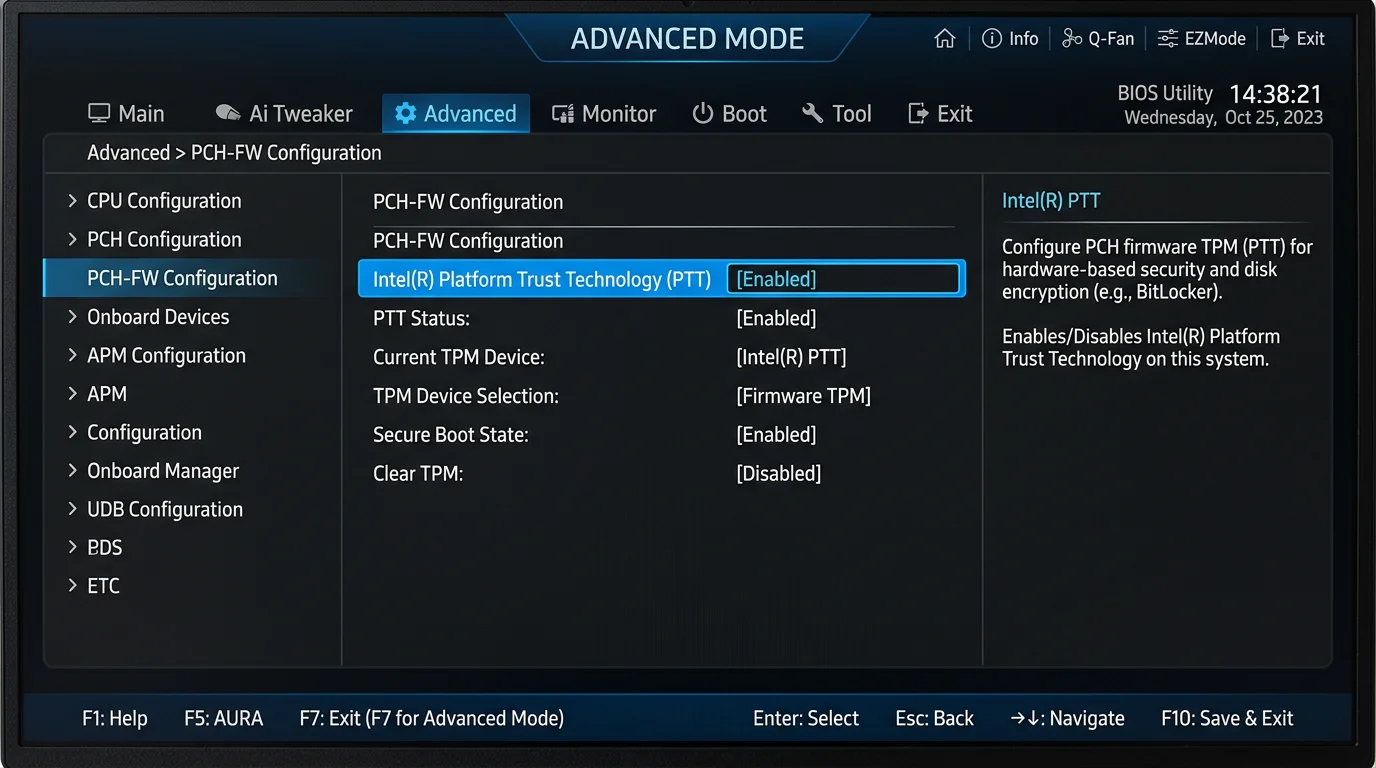 Включение TPM в настройках UEFI материнской платы