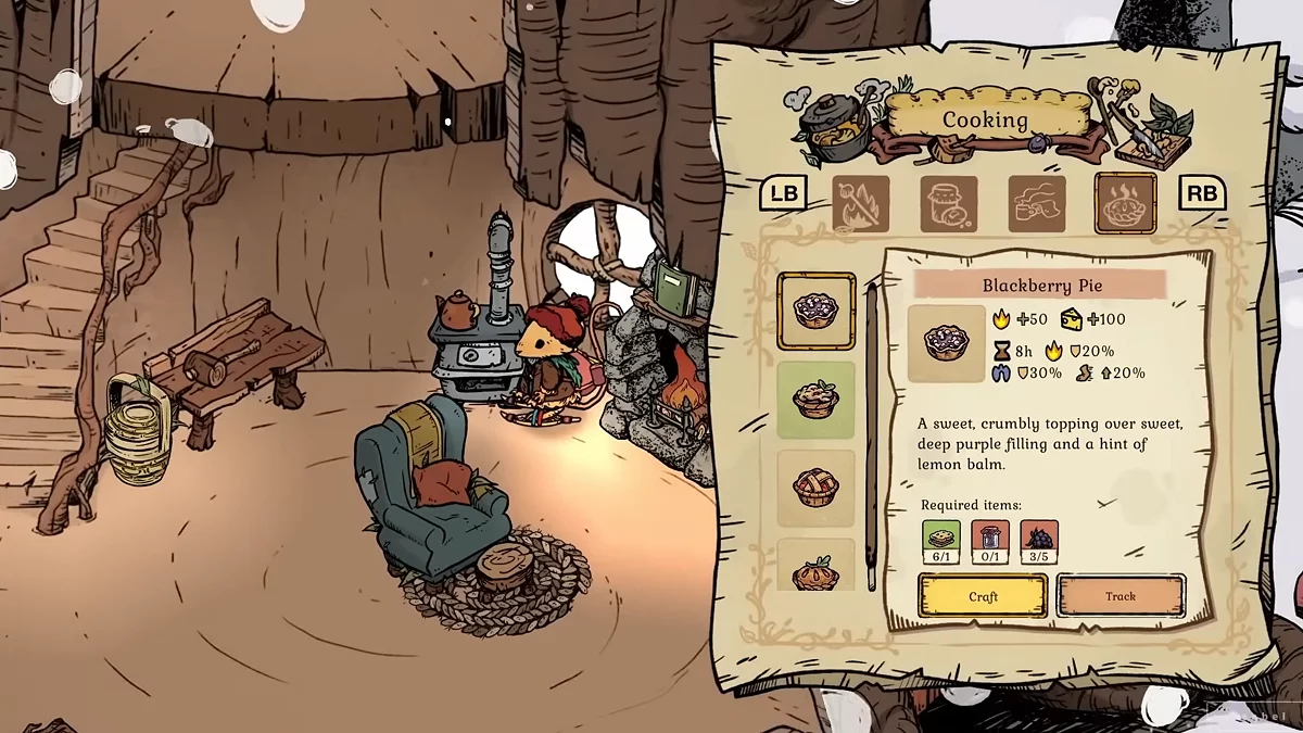 Различные пироги с ягодами и мясом в Winter Burrow готовые к употреблению