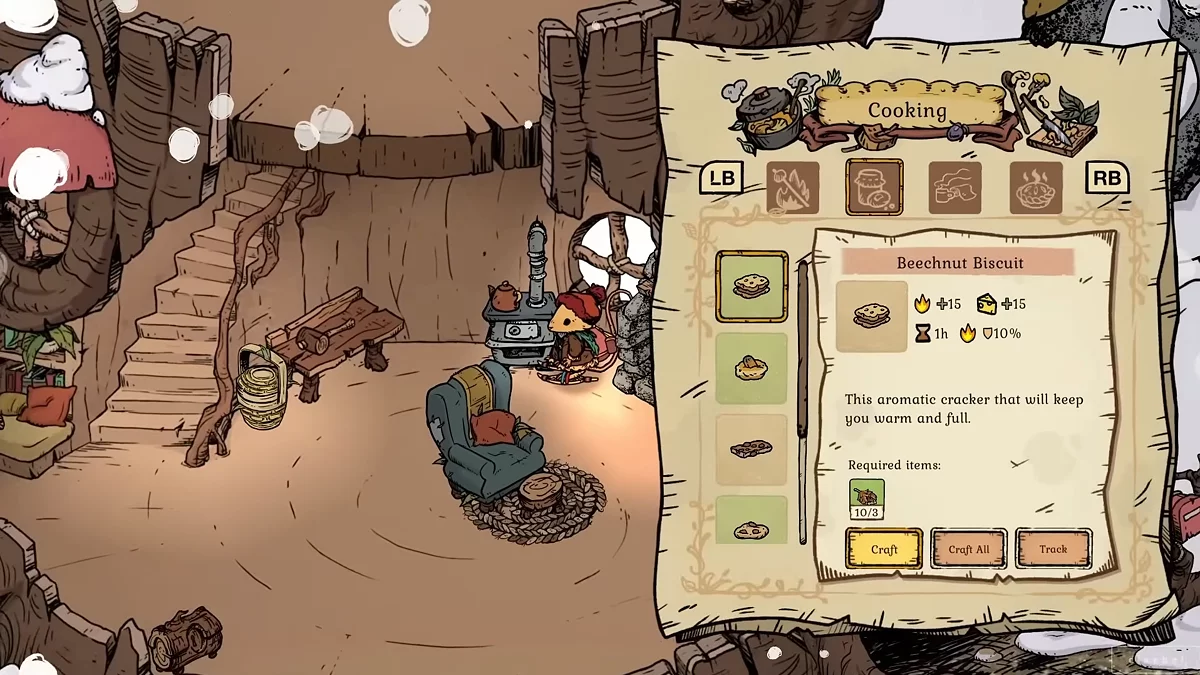 Печенье и джемы из орехов и ягод в Winter Burrow на столе в норе мышонка